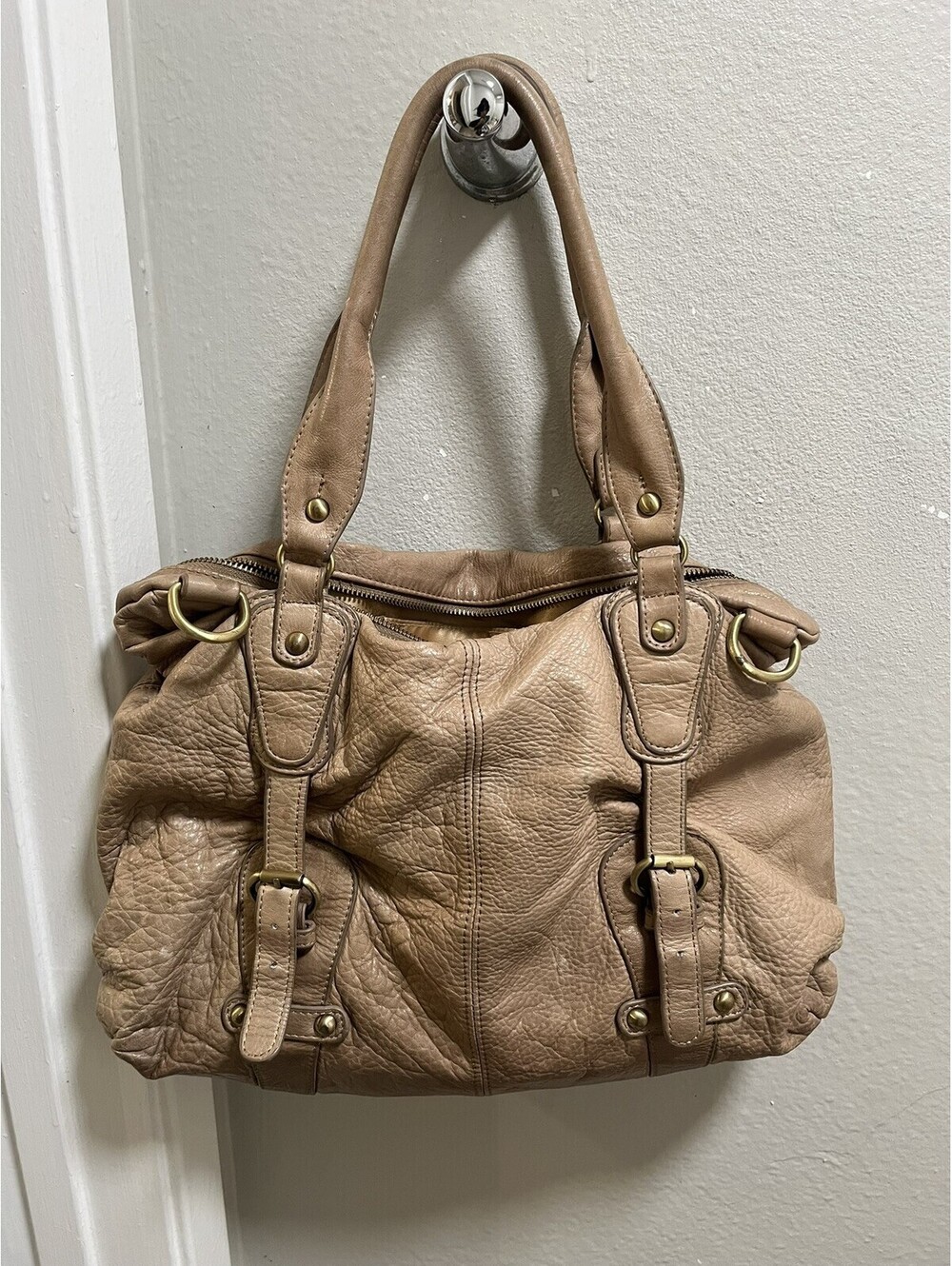 VTG Sabina New York Genuine Leather Hobo Bag Buckle Tan Gold